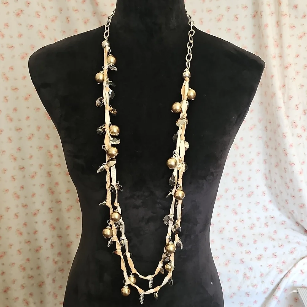 Ribbon and Silver Chain Beaded Necklace Signed JS 42 Inches 🌠